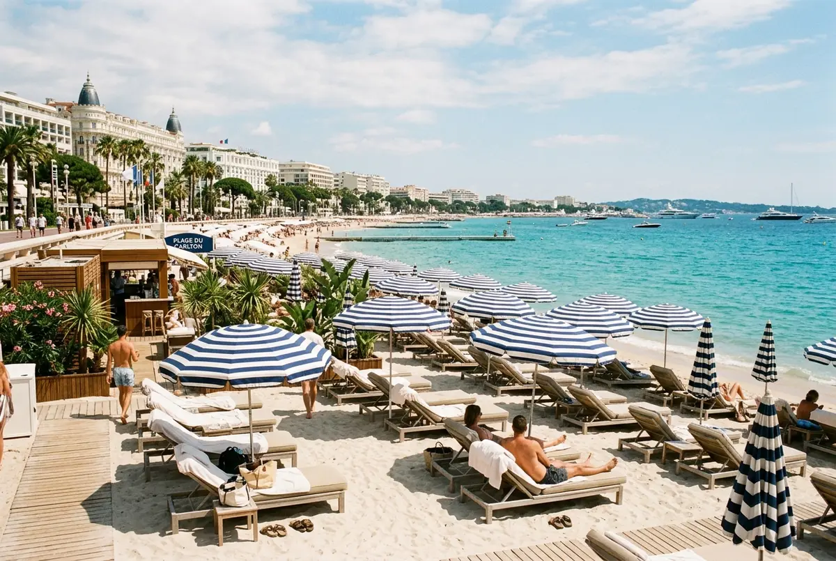 Sunbeds and striped umbrellas on a private Cannes beach club along the Croisette, turquoise Mediterranean water in the background