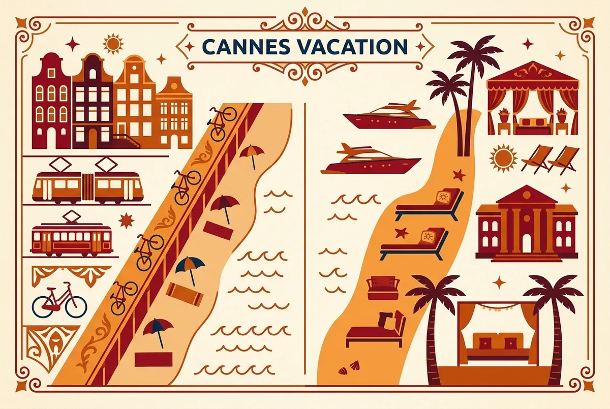 Simple comparison infographic contrasting free public beach icons with paid beach club icons along the Cannes Croisette