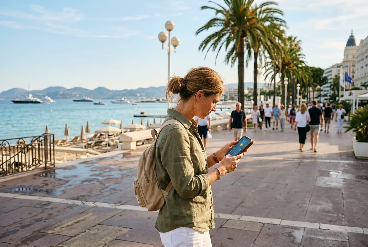 Traveler checking a phone weather forecast on the Cannes Croisette promenade in soft late spring sunshine, palm trees and calm sea behind