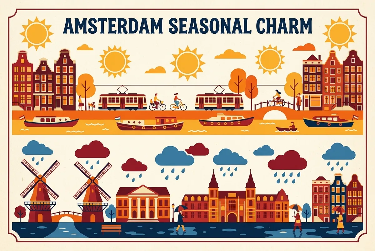 Simple month-by-month weather infographic showing warm sun icons for Cannes summer months and cooler rain icons for winter months