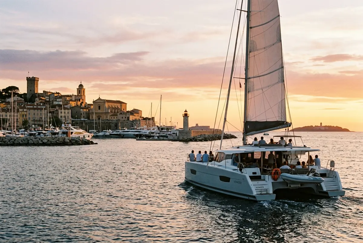 Catamaran sailing out of the Cannes Old Port at golden hour with the Lerins Islands visible on the horizon, boat trips from Cannes concept