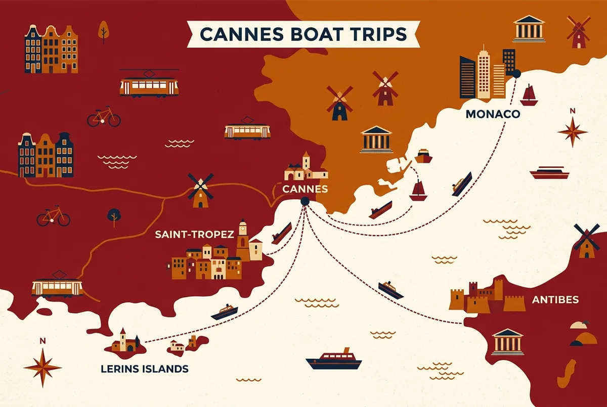 Illustrated map showing boat trip routes from Cannes to the Lerins Islands, Saint-Tropez, Monaco and Antibes with distance labels