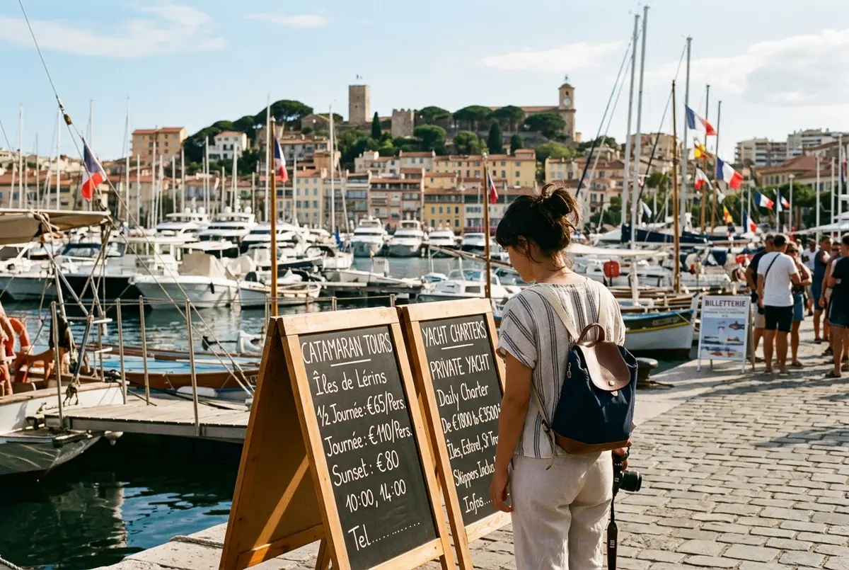 Traveler comparing price boards for catamaran and yacht tours at the Cannes Vieux Port with boats moored behind, cannes boat tour cost concept