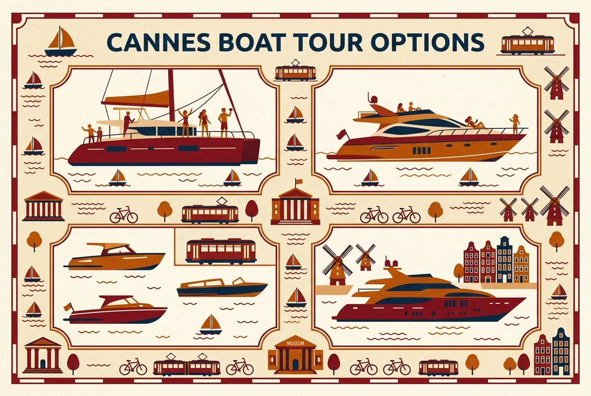 Simple infographic comparing Cannes boat tour price bands for shared catamaran, luxury yacht, private charter and full private yacht