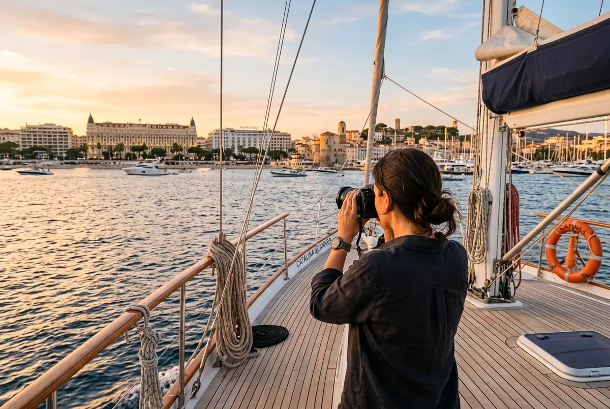 Photographer on a sailing catamaran deck framing the Cannes Croisette skyline at golden hour, cannes boat tour photo spots concept