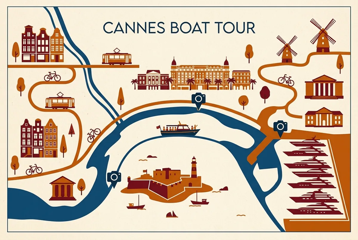 Simple map infographic marking the Croisette skyline, Fort Royal and superyacht row as photo spots on a Cannes boat tour route