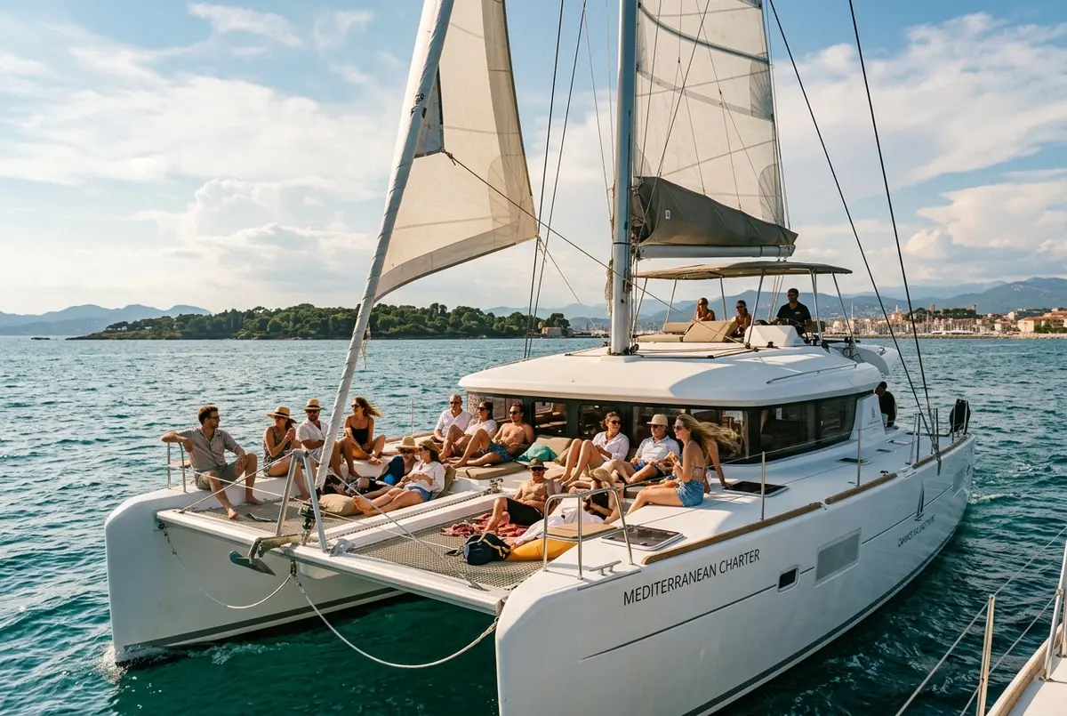 Sailing catamaran with passengers on the sun deck crossing the Bay of Cannes toward the Lerins Islands, catamaran tour Cannes concept