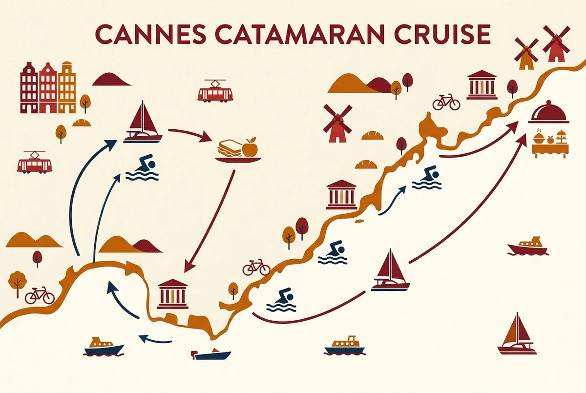 Simple infographic comparing the half-day and full-day Cannes catamaran cruise routes, swim stops and lunch inclusion