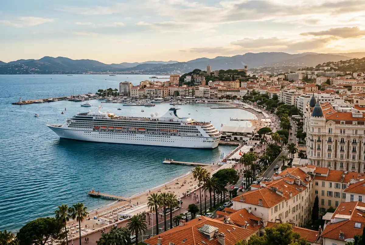 Grand paquebot de croisière ancré au large de Cannes avec la Croisette et les toits de la ville en arrière-plan en fin d'après-midi, croisière au départ de Cannes