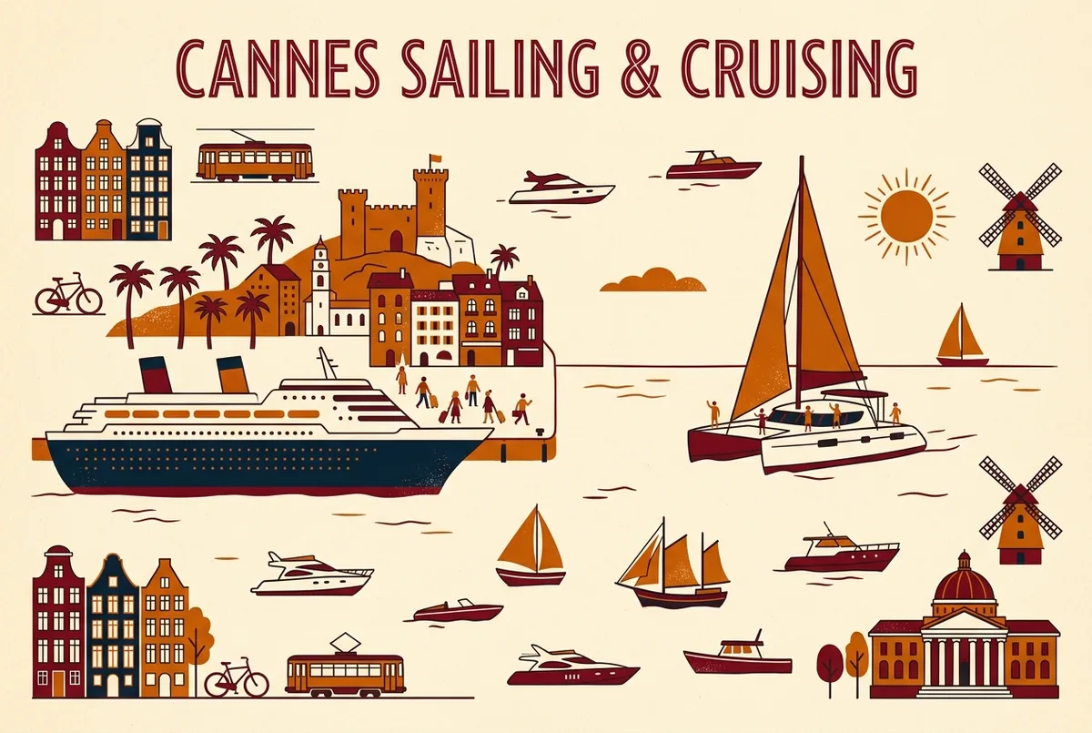 Infographie simple montrant la différence entre une croisière en paquebot en escale à Cannes et une sortie en catamaran au départ du port, guide croisière Cannes