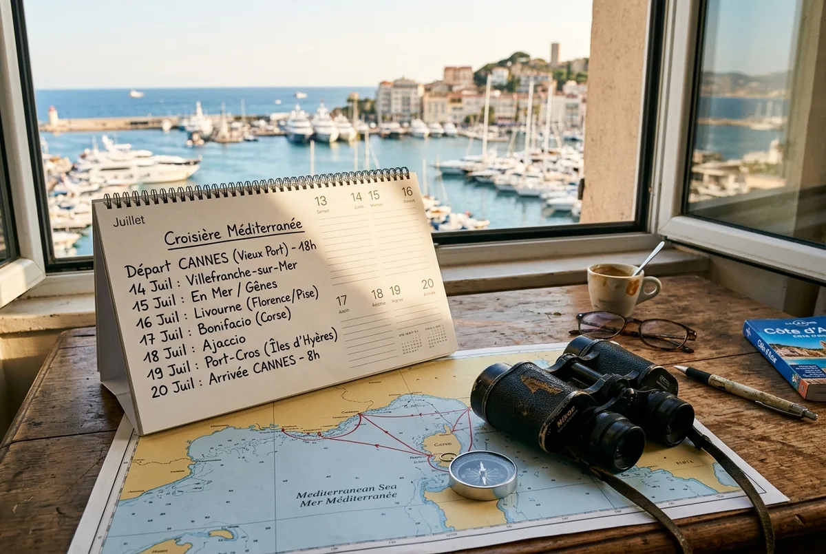 Calendrier ouvert sur un bureau avec des jumelles et une carte de la Méditerranée, planning croisière au départ de Cannes