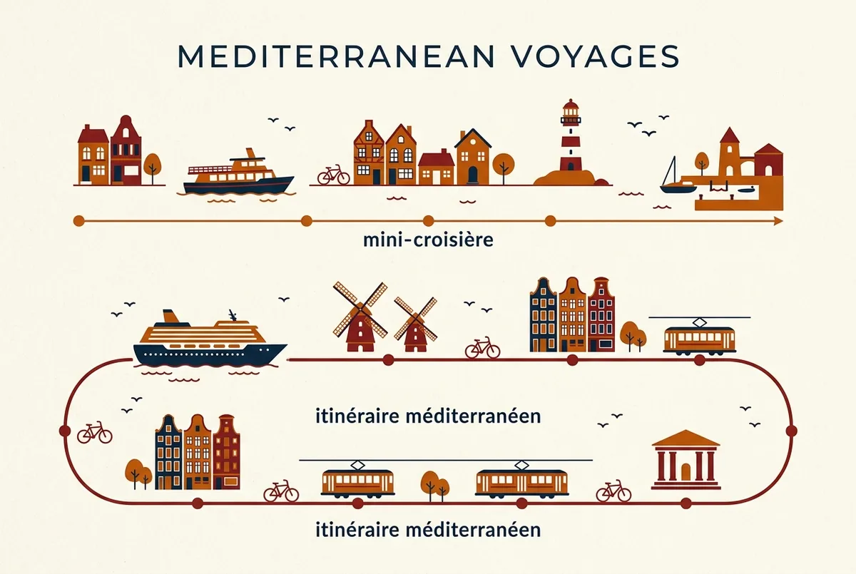 Frise chronologique illustrée comparant une mini-croisière de trois jours et un itinéraire méditerranéen d'une semaine au départ de la région de Cannes