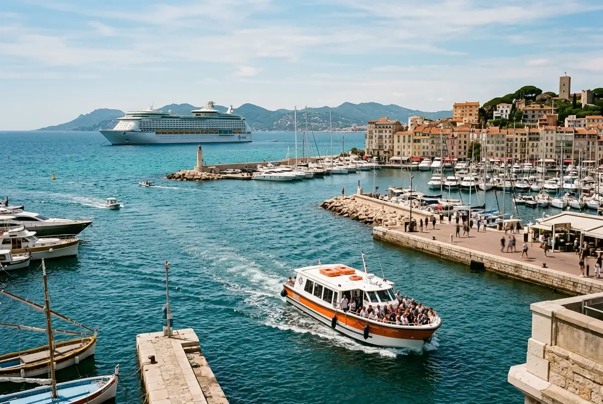 Cruise ship anchored offshore in the bay of Cannes with a tender boat approaching the Vieux Port harbor at midday