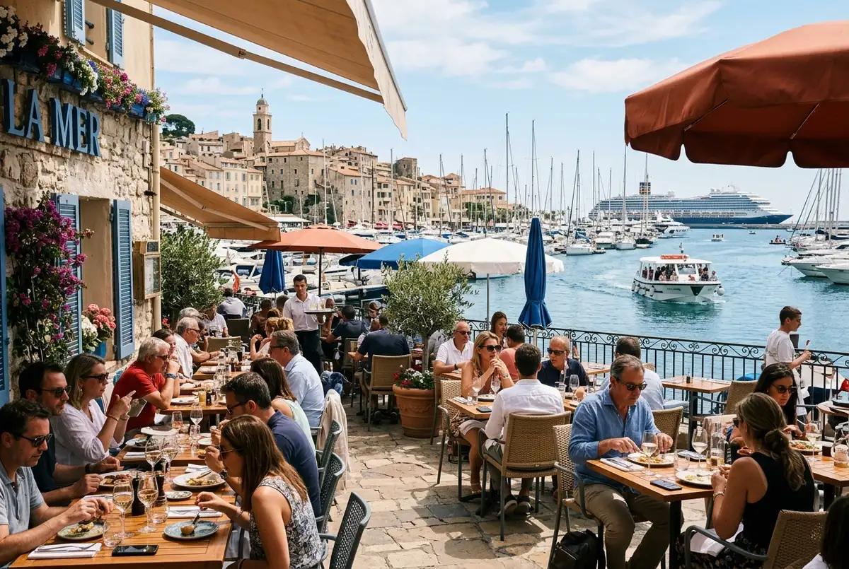 Harbor side restaurant terrace near the Cannes Vieux Port with cruise tender boats visible in the background at midday