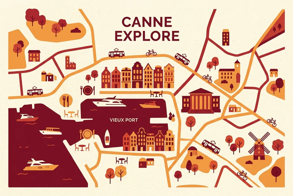 Simple map illustration showing a short walkable radius from the Cannes cruise tender drop off covering the Vieux Port and the base of Le Suquet with restaurant icons