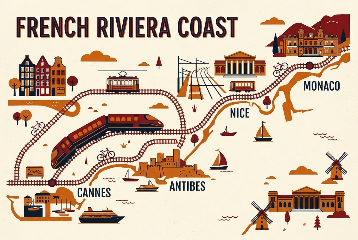 Simple map illustration showing train routes from the Cannes cruise port to Nice, Antibes and Monaco with approximate travel times labeled