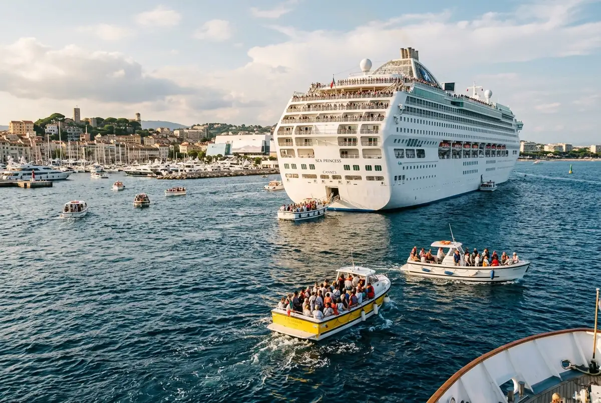 Large cruise ship anchored offshore near Cannes with smaller tender boats nearby, illustrating passenger capacity limits at the port