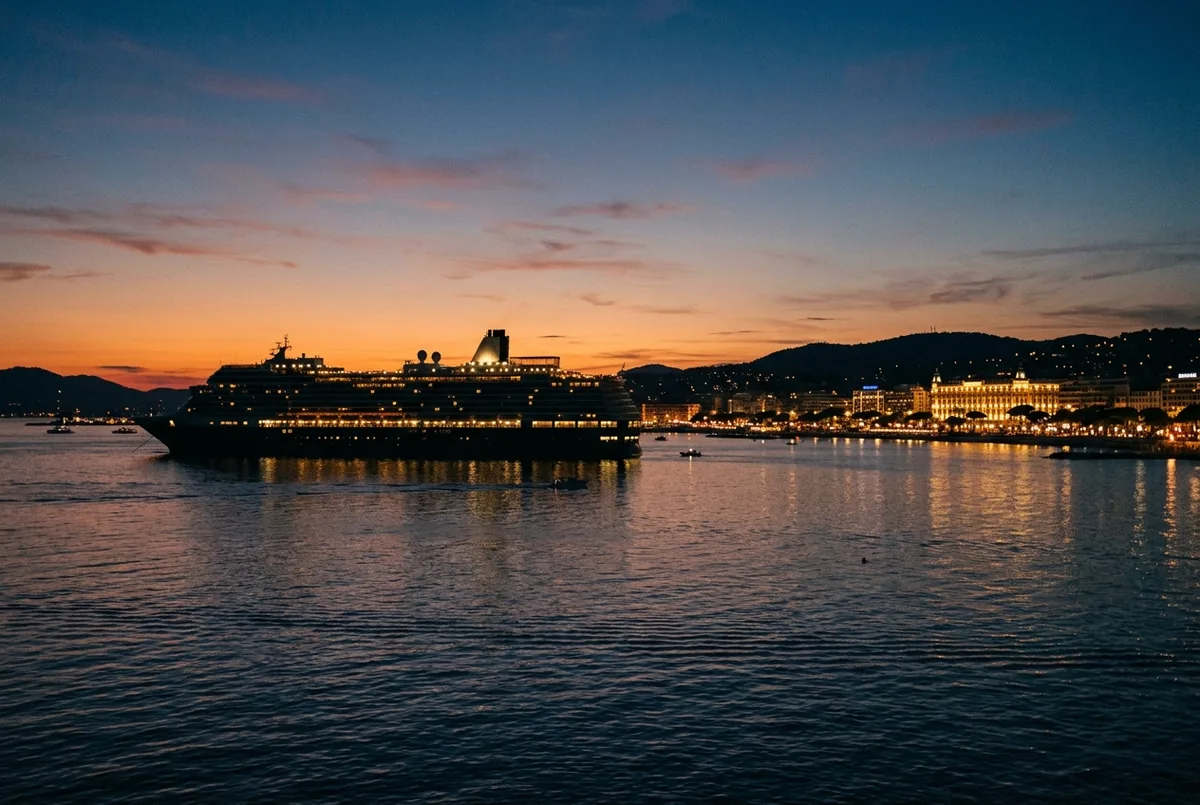 Cruise ship silhouette anchored in the bay of Cannes at dusk with the Croisette lights visible along the shoreline in the distance