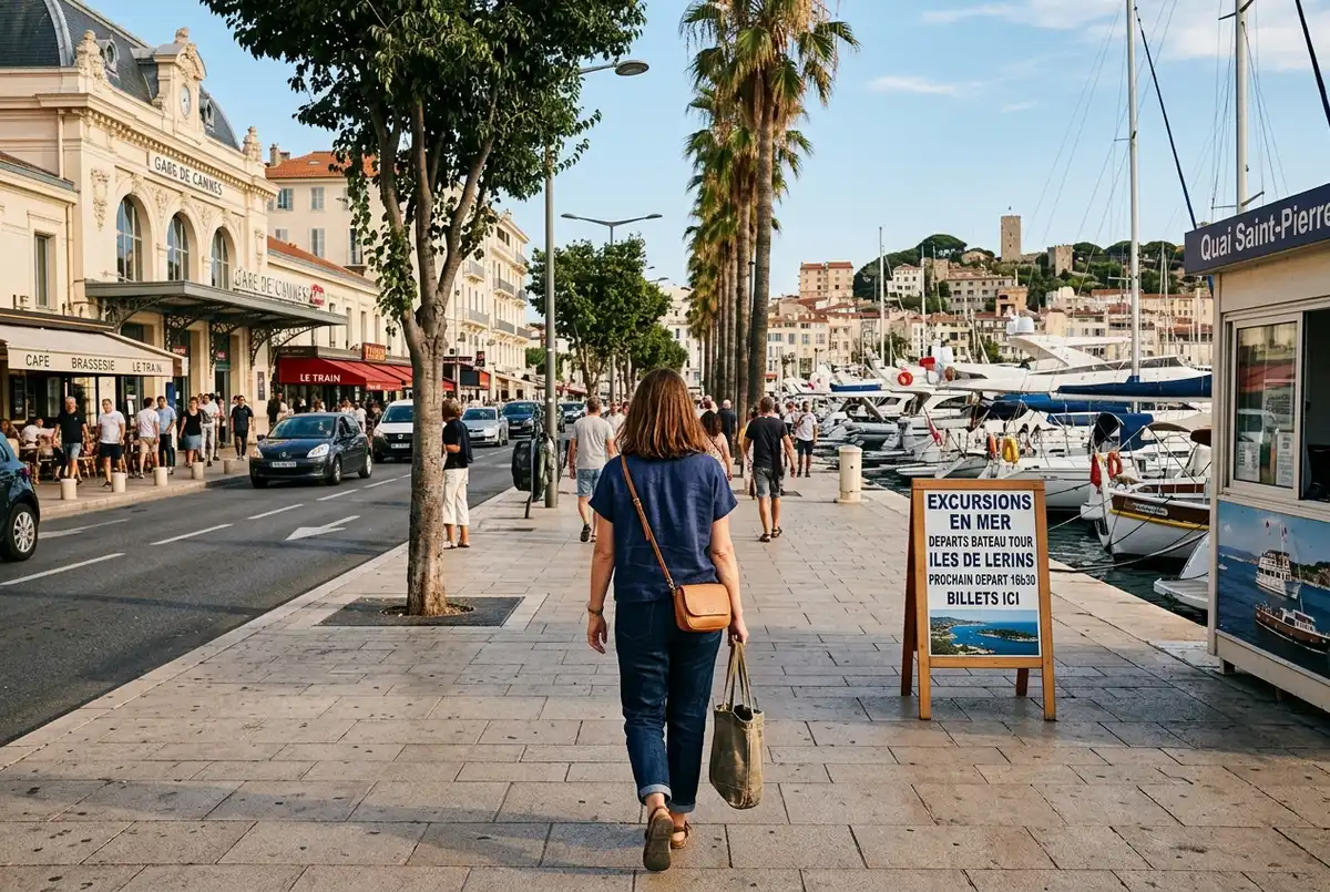Traveler walking from the Cannes train station toward the Old Port with a boat tour departure sign visible ahead