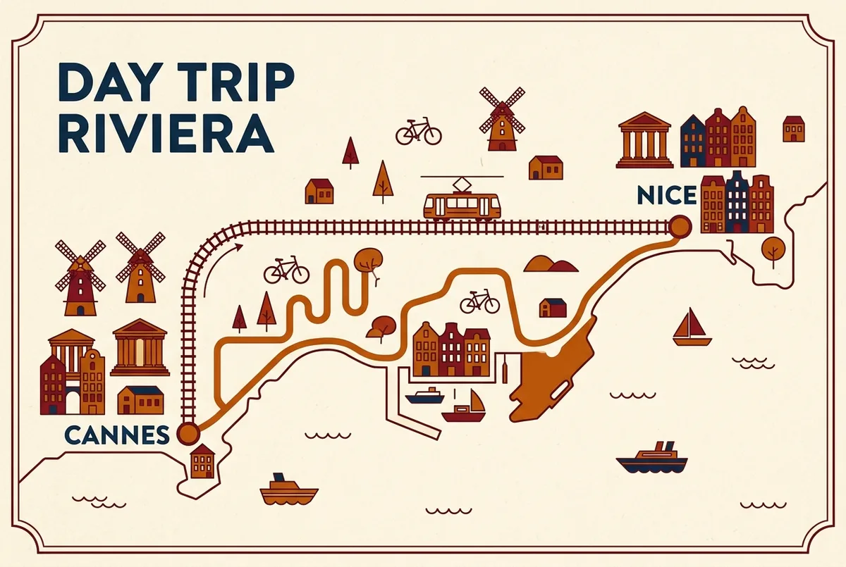 Simple itinerary map showing a day trip route from Nice to Cannes by train with a boat tour stop at the Old Port