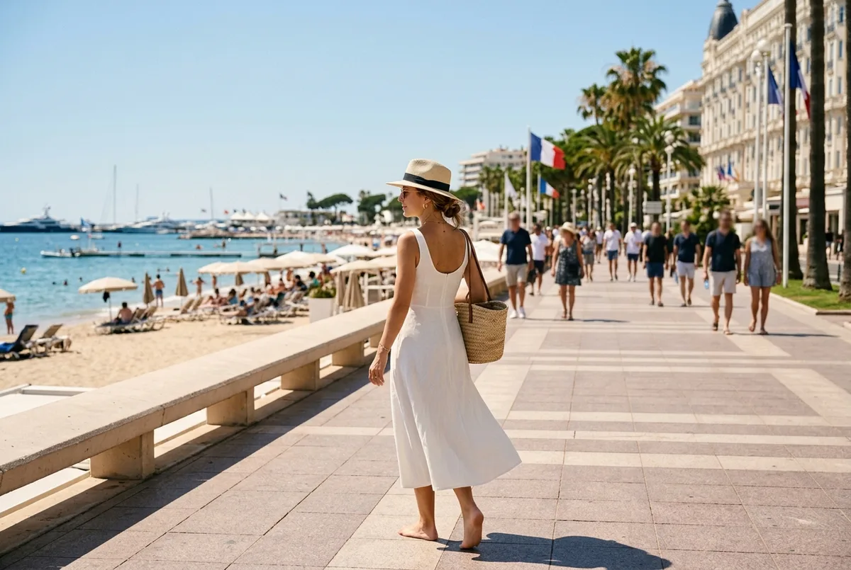 Stylish traveler in smart-casual resort wear walking the Cannes Croisette in daylight, illustrating the Cannes dress code for visitors