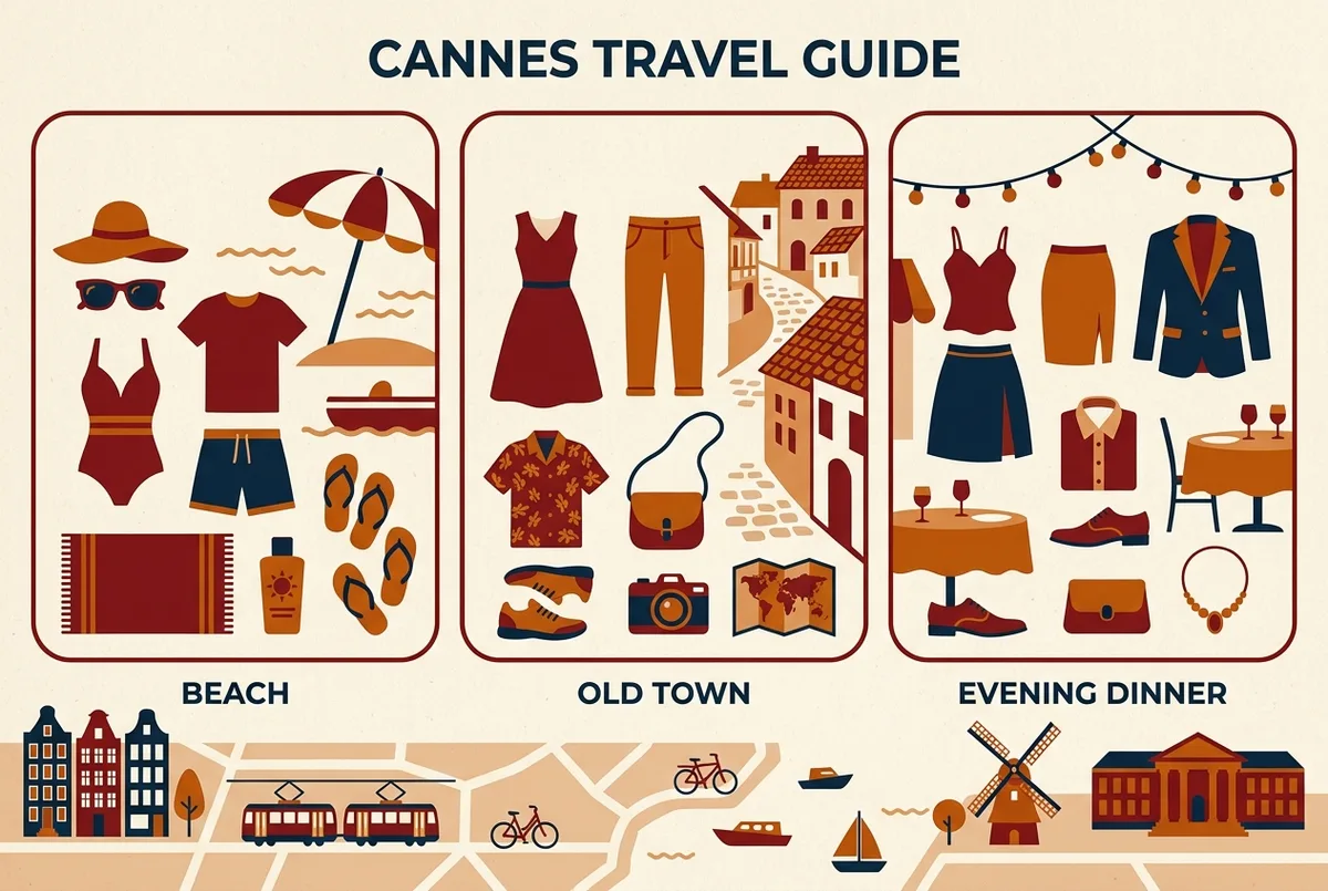 Simple flat-style infographic showing three Cannes outfit categories labeled beach, old town and evening dinner with icon clothing items