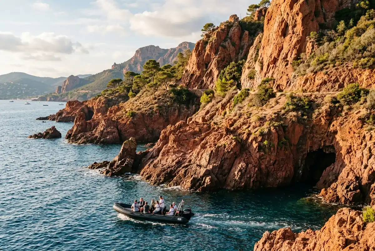Petit bateau semi-rigide longeant les falaises rouges du massif de l'Esterel sous un ciel dégagé, concept excursion bateau esterel cannes