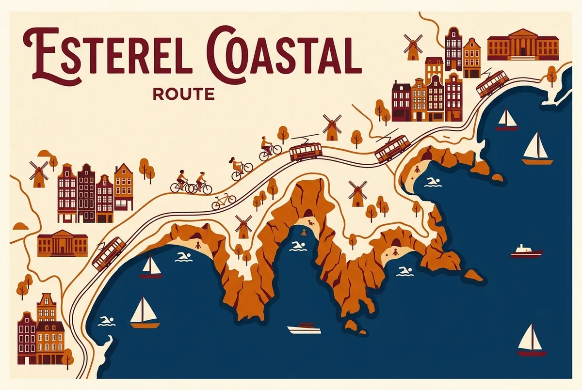 Carte illustrée du littoral de l'Esterel entre Mandelieu-la-Napoule et Cannes avec les criques et points de baignade indiqués