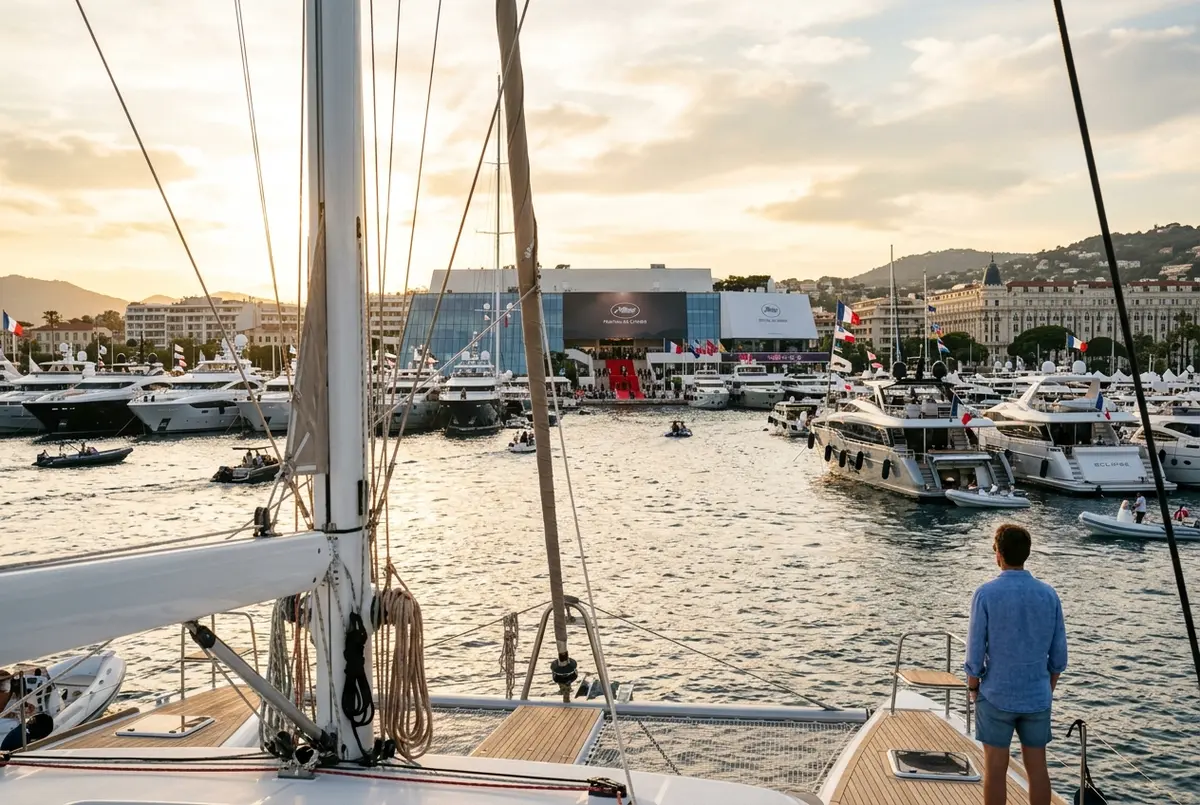 View from a sailing catamaran of the Palais des Festivals and superyachts anchored in the Bay of Cannes during film festival week