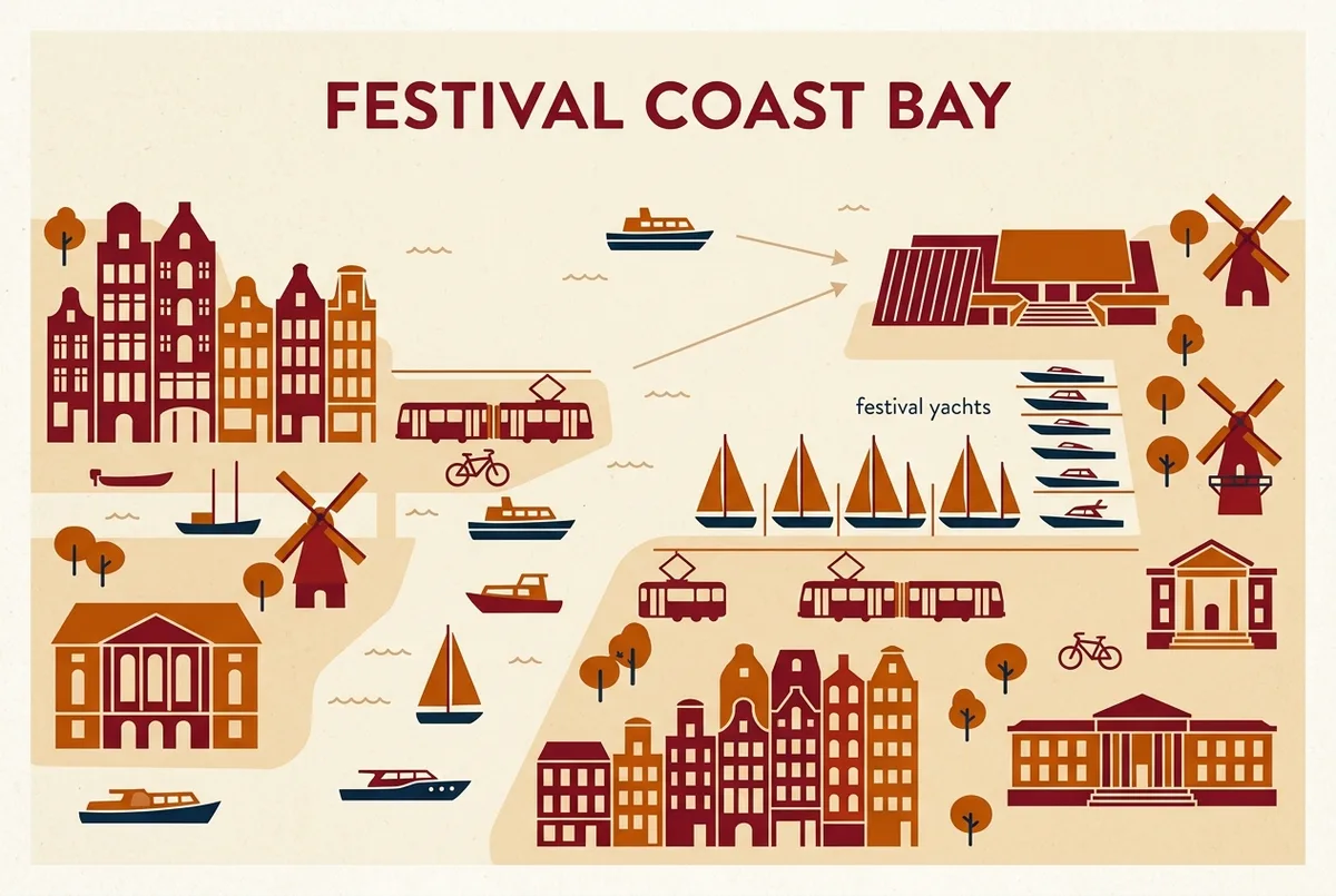 Simple infographic showing a boat icon positioned in the bay with sightline arrows toward the Palais des Festivals and a row of yacht icons labeled festival yachts