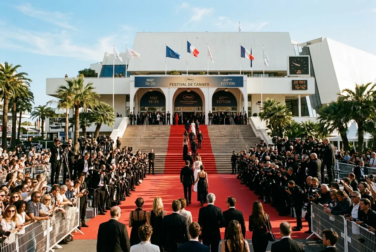 Red carpet steps leading up to the Palais des Festivals in Cannes with photographers and a crowd gathered, illustrating cannes festival dates season