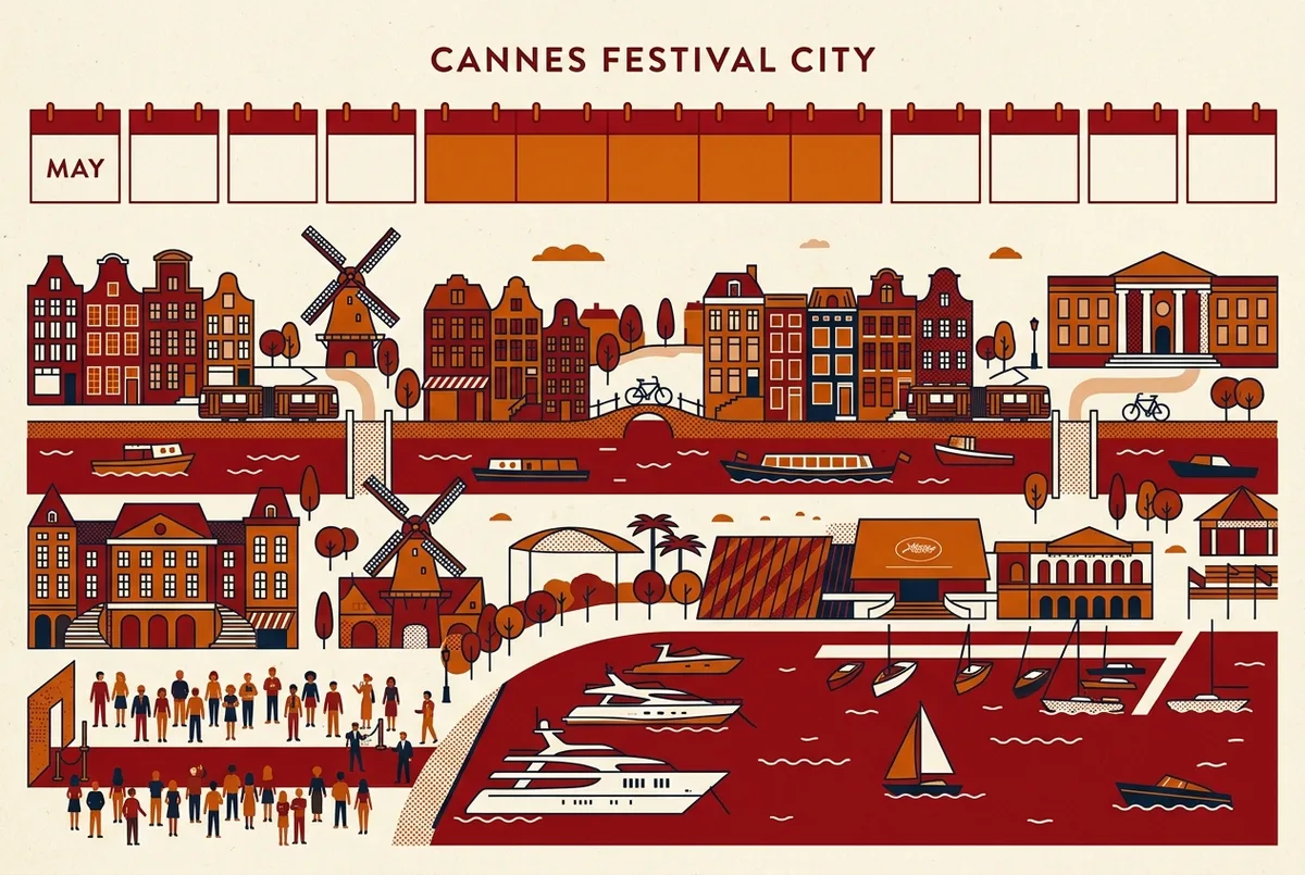 Simple infographic showing a calendar strip highlighting a mid May festival week alongside icons for crowds, red carpet and yachts in the Cannes bay