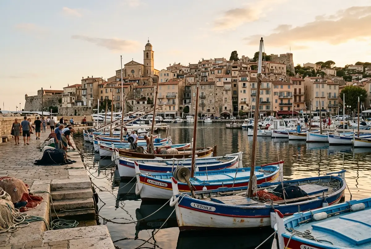 Historic Le Suquet quarter harbor in Cannes with old fishing boats, evoking the city's origin and the meaning behind its name