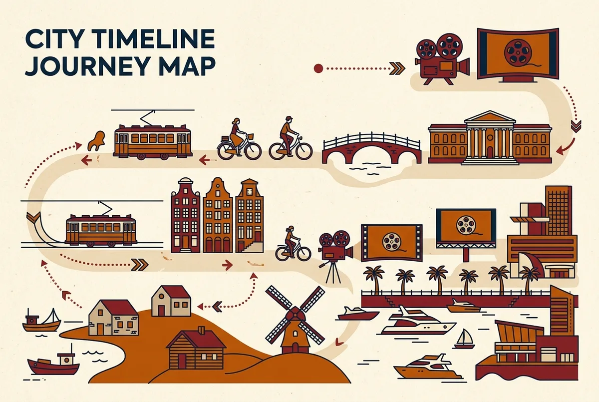 Illustrated timeline infographic showing Cannes history from small fishing village to modern film festival city, labeled milestone icons