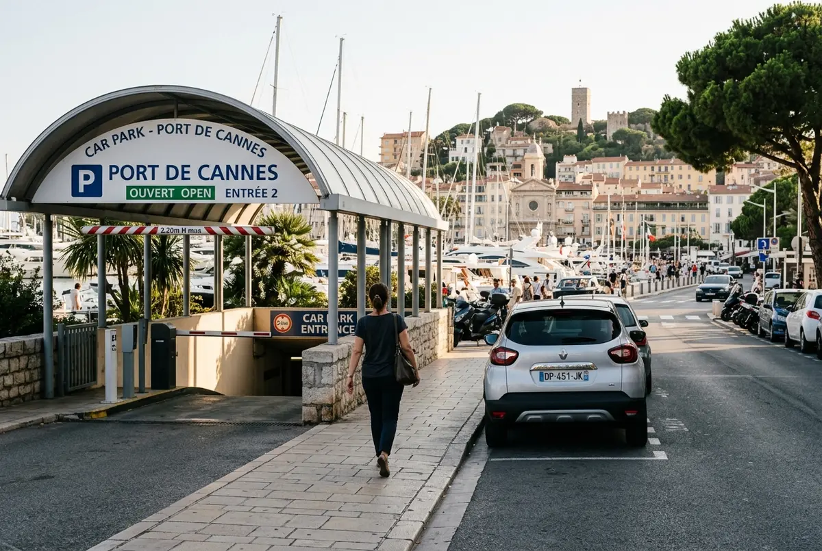 Driver walking away from a parked car toward a covered car park entrance sign near the Cannes port on a sunny afternoon