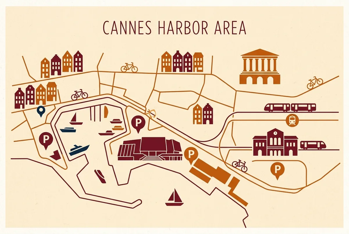 Simple illustrated map of central Cannes with car park icons marked near the port, the Palais des Festivals and the train station