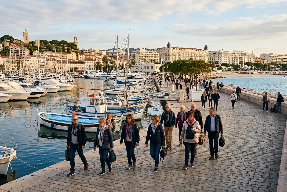 Cruise passengers walking from the Cannes tender dock along the Vieux Port promenade toward La Croisette in soft morning light
