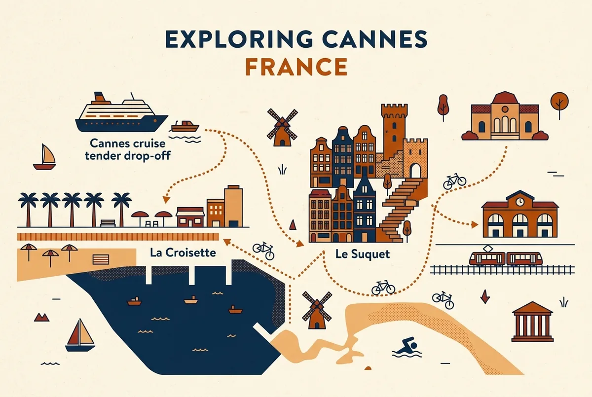 Simple map illustration showing walking distances from the Cannes cruise tender drop off to La Croisette, Le Suquet, the train station and the nearest beach
