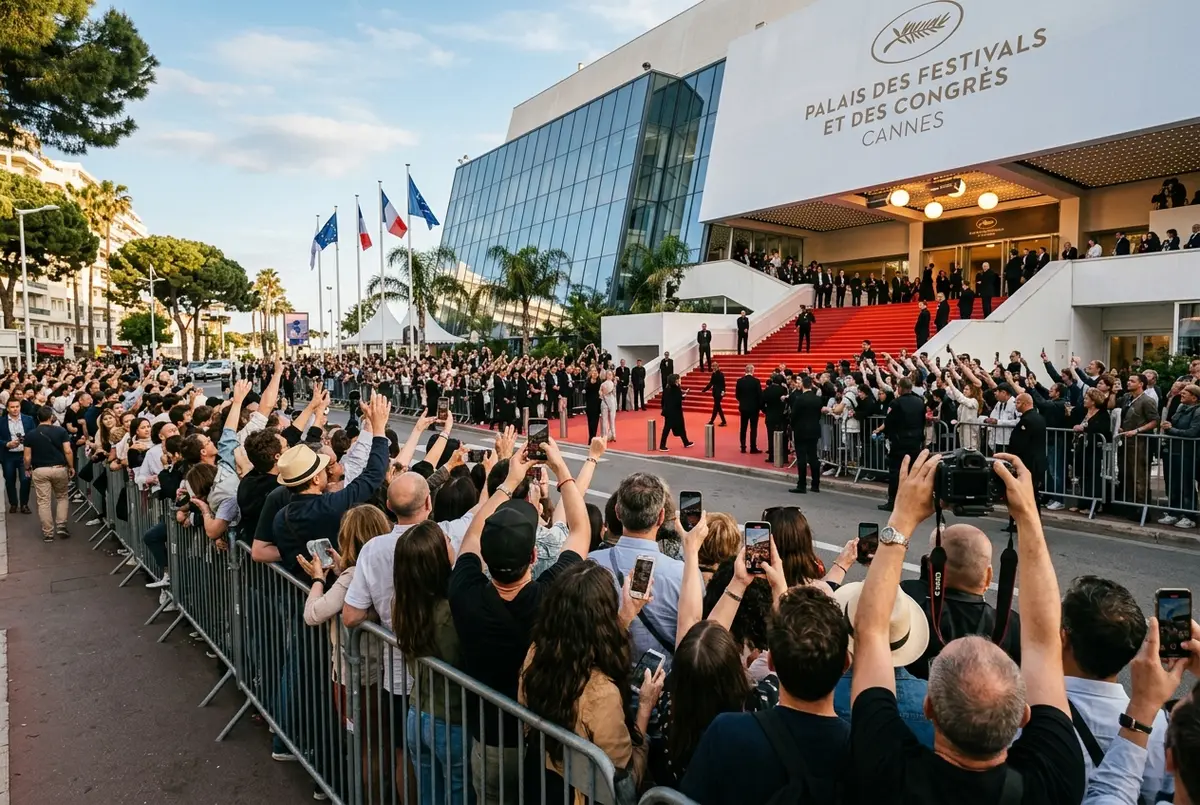 Crowd gathered behind barricades on the Cannes Croisette opposite the Palais des Festivals watching for red carpet arrivals
