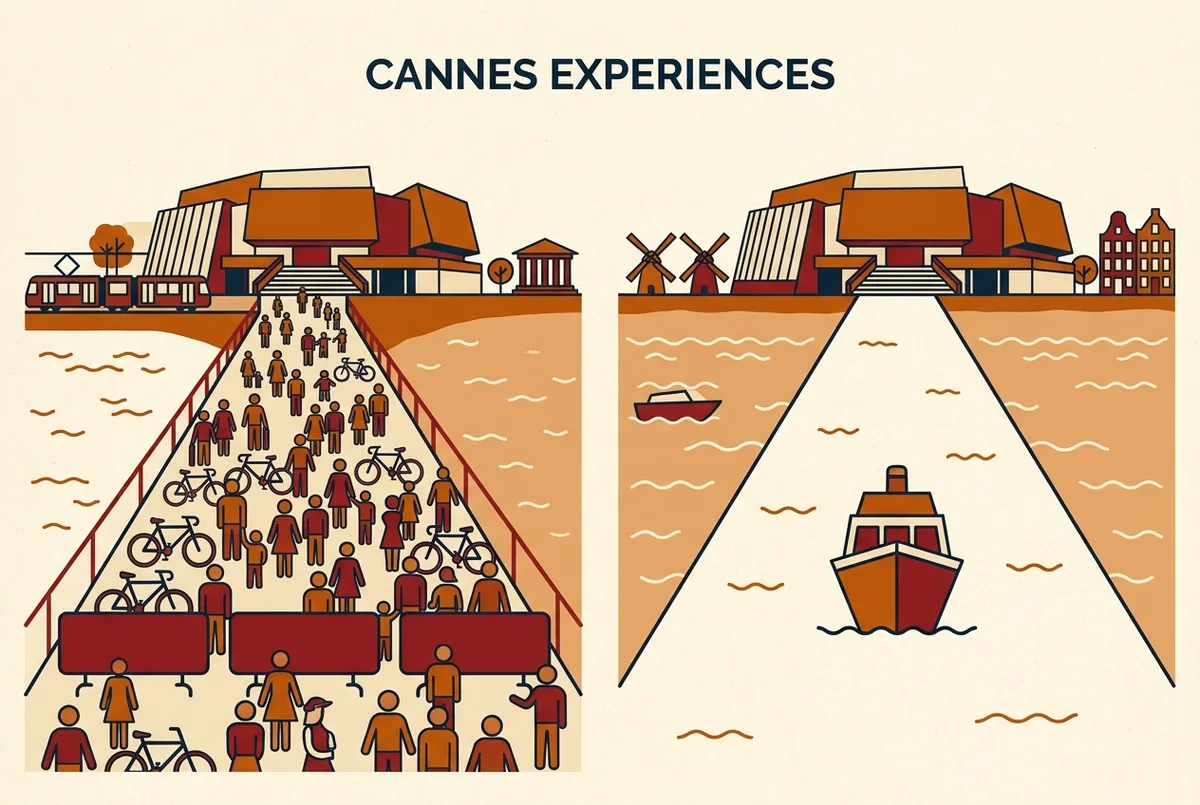 Simple comparison infographic contrasting a crowded barricaded promenade icon against an open water boat icon both facing the Palais des Festivals