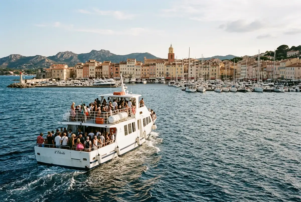 Passenger boat crossing open water toward the harbor of Saint-Tropez with pastel buildings visible along the waterfront
