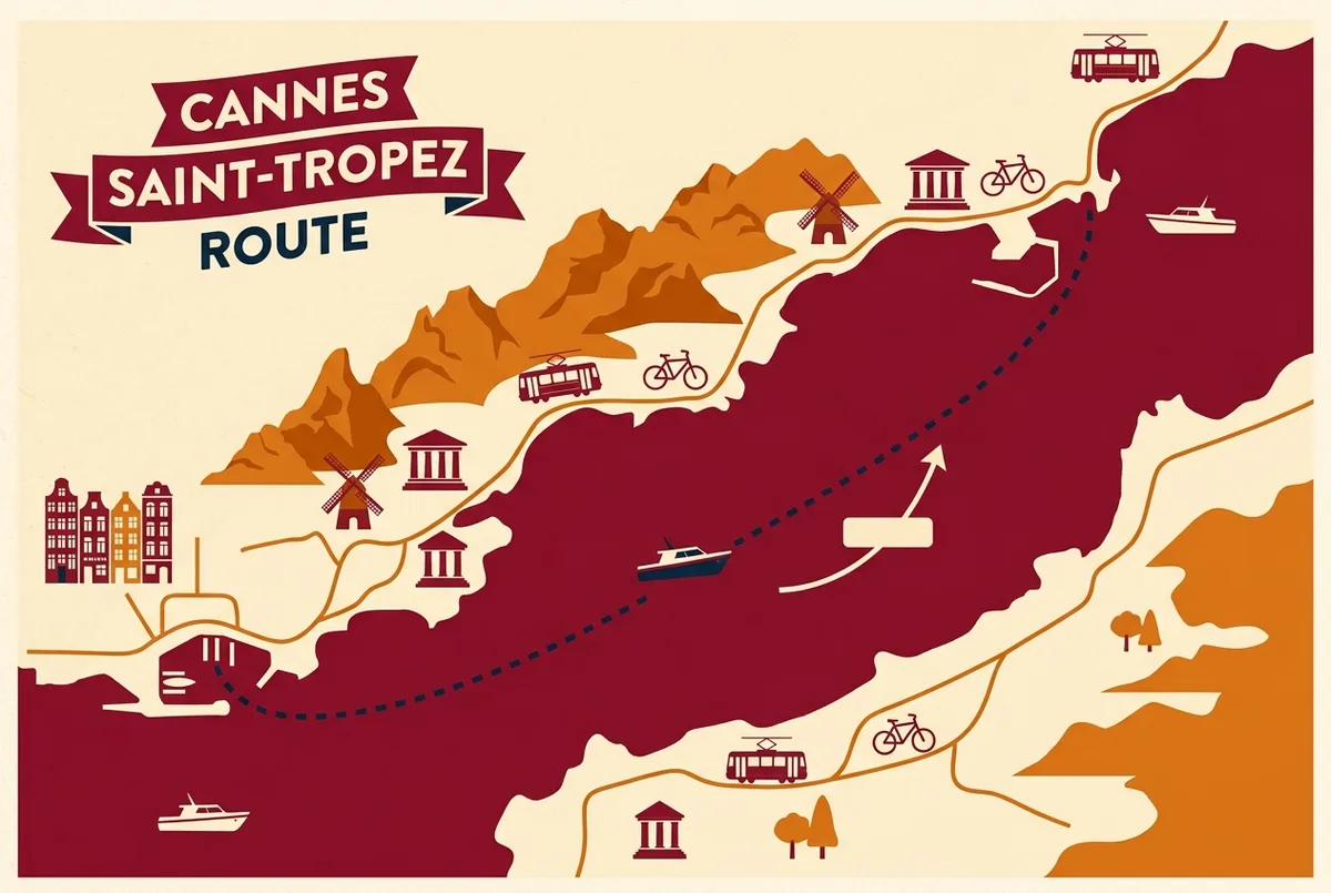 Simple route map showing the boat crossing from Cannes to Saint-Tropez along the Esterel coastline with distance labeled