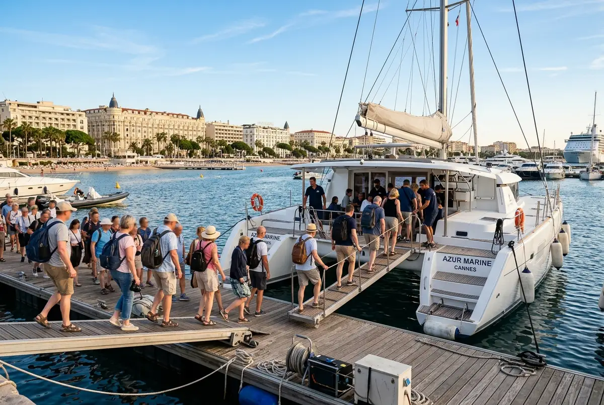 Cruise passengers boarding a catamaran near the Cannes port for a shore excursion with the Croisette skyline behind them