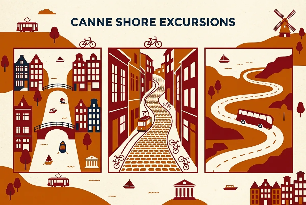 Simple infographic comparing shore excursion types in Cannes labeled boat tour, walking tour and bus tour with icons for each