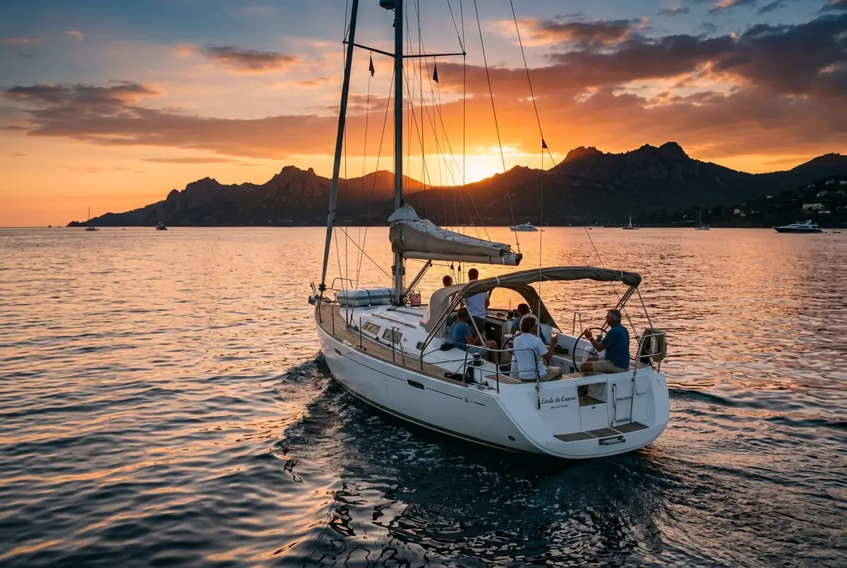 Small yacht cruising the Bay of Cannes at golden hour with the sun setting behind the Esterel coastline, sunset cruise Cannes concept