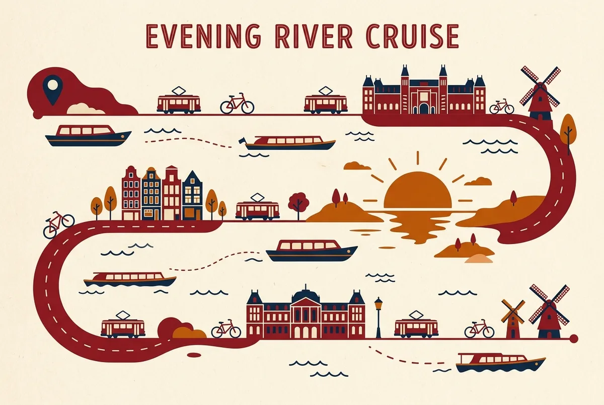 Simple evening itinerary infographic showing a Cannes sunset cruise timeline from boarding to golden hour to return, dinner cruise concept
