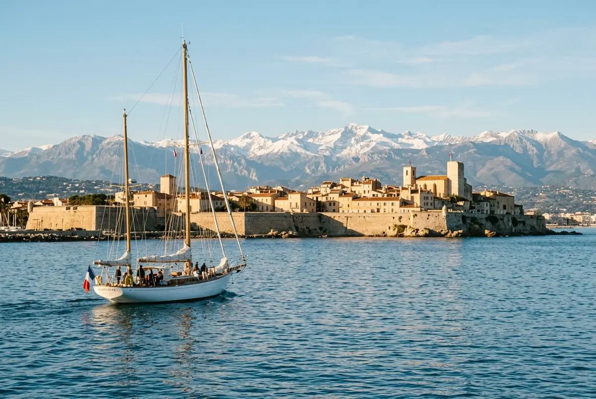 Sailing boat crossing calm water toward Antibes old town ramparts with the Alps visible behind, boat trip Cannes to Antibes concept