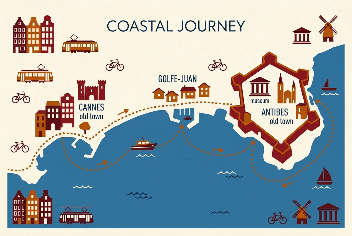 Simple coastal map showing the short boat route from Cannes past Golfe-Juan to Antibes old town and ramparts