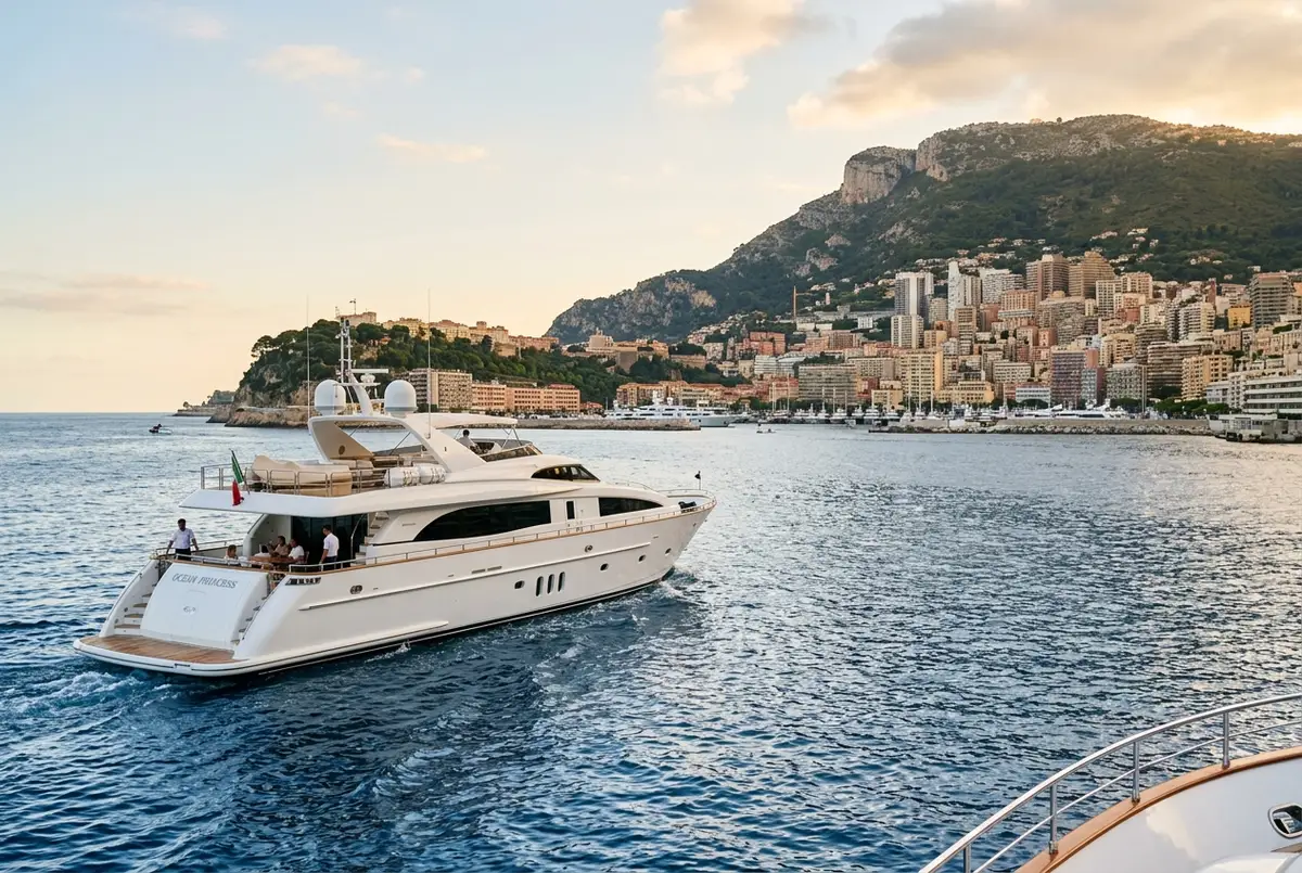 Private motor yacht cruising past Monaco's Monte Carlo harbor with superyachts moored and the hillside skyline behind