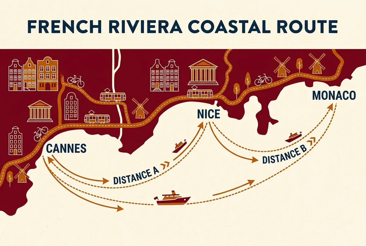 Simple distance map showing the Riviera coastline between Cannes, Nice and Monaco with the boat route and distance labeled